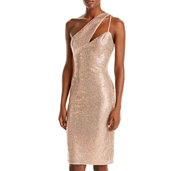 AQUA Women's Cocktail Dress Size 6 Gold Sequin One Shoulder Cut Out Midi Sheath